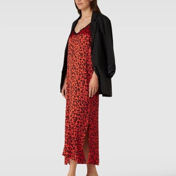 The Kooples Leopard Print Midi Slip Dress 1 Small Red Black Animal Print Lace - Picture 1 of 8